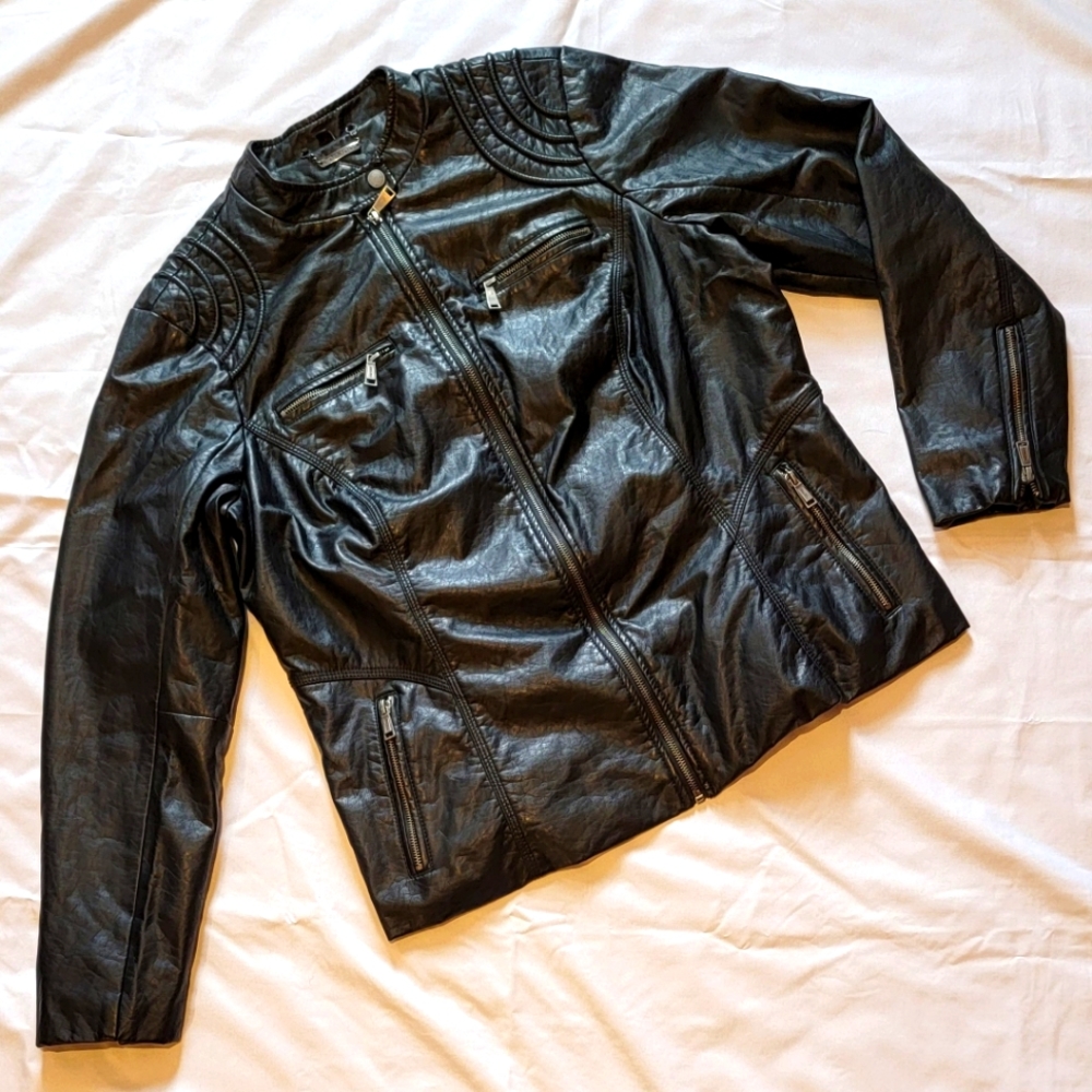 Jou Jou vegan faux leather vinyl multi-zipper black moto jacket